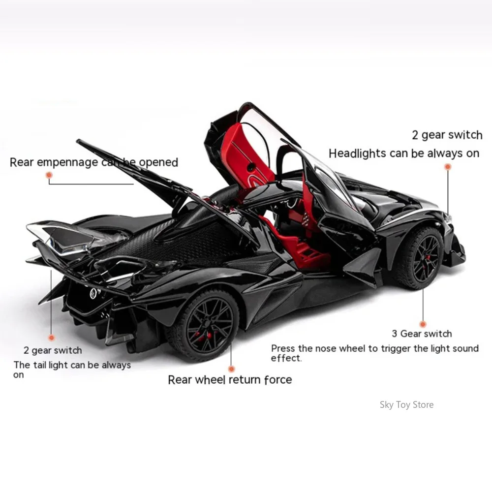 1:24 Apollo EVO Metalowy Model Sportowego Samochodu, Zabawka z Dźwiękiem i Światłem, Napęd Pull-Back, Otwierane Drzwi, Miniaturowe Pojazdy, Prezent na Festiwal dla Dzieci