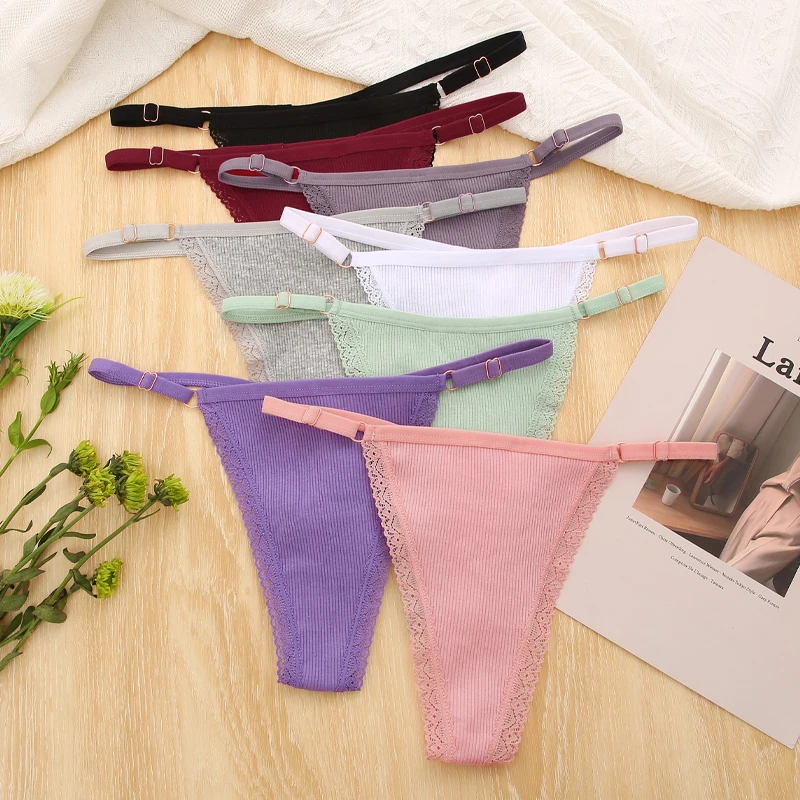 FINETOO 4Pcs/set Women Cotton Thongs Adjustable Waistband Underwear Low-Rise Sexy G-string Panties Ladies Soft Bikini Underpants