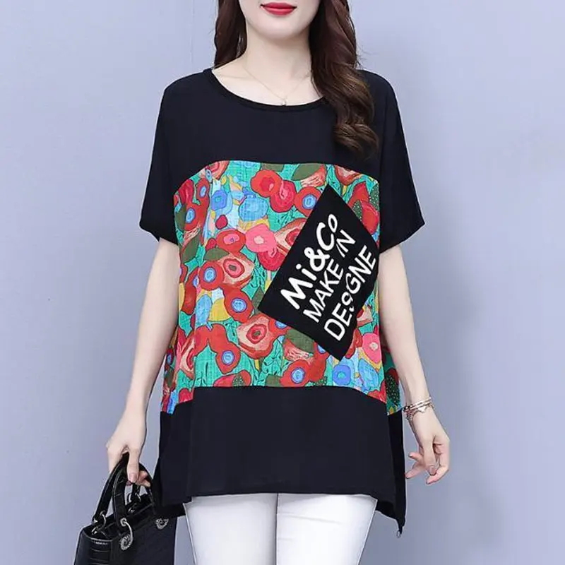 Female Clothing Printed Stylish Letter Pockets Patchwork Pullovers Casual Loose Split All-match Summer Korean Round Neck T-shirt