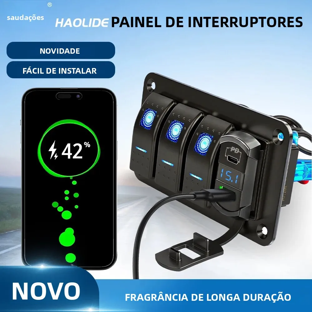 Painel de Interruptores Gangue HAOLIDE 2/3/4/5/6+1 com Luz de Fundo LED Azul/Vermelha, Carregador USB Duplo Liga/Desliga e Voltímetro para Uso Marítimo e Off-Road