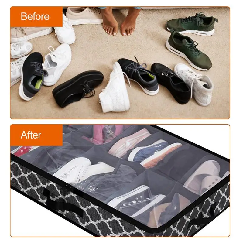 Foldable Under Bed Shoe Storage Box With Smooth Zipper & Clear Window Underbed Shoe Closet Storage Box For 12 Pairs Of Shoes