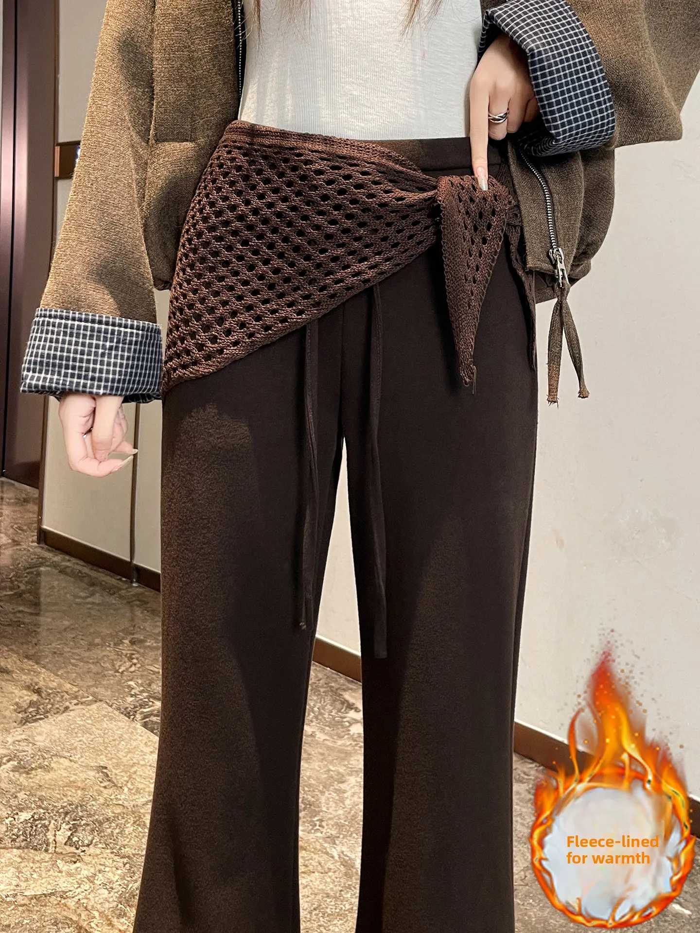 High Waist Thiened Fce Lined Camere False Two-Piece Pant Women Winter Casual Sports Sweatpants Bell Bot