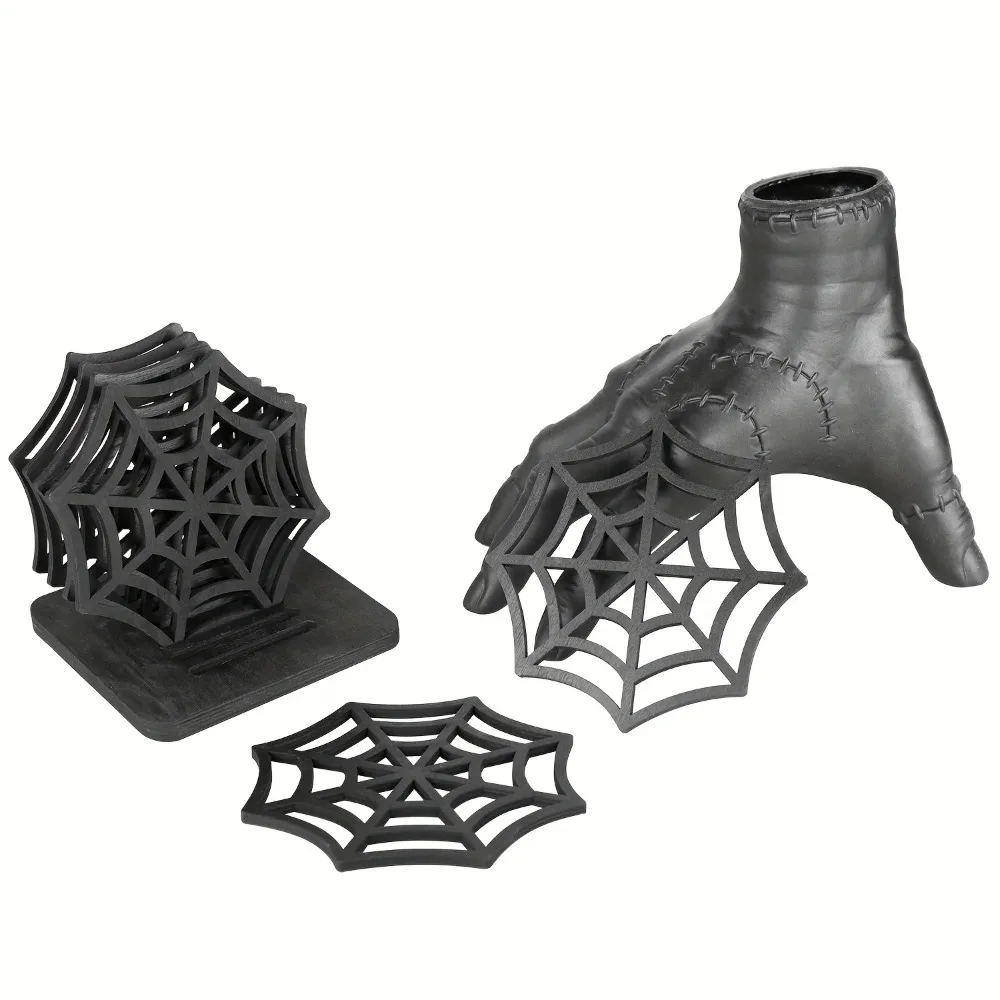 6PCS Spooky Halloween Spider Web Placemats Set with Storage Base Halloween Table Decor Halloween Coasters Wooden Party Supplies