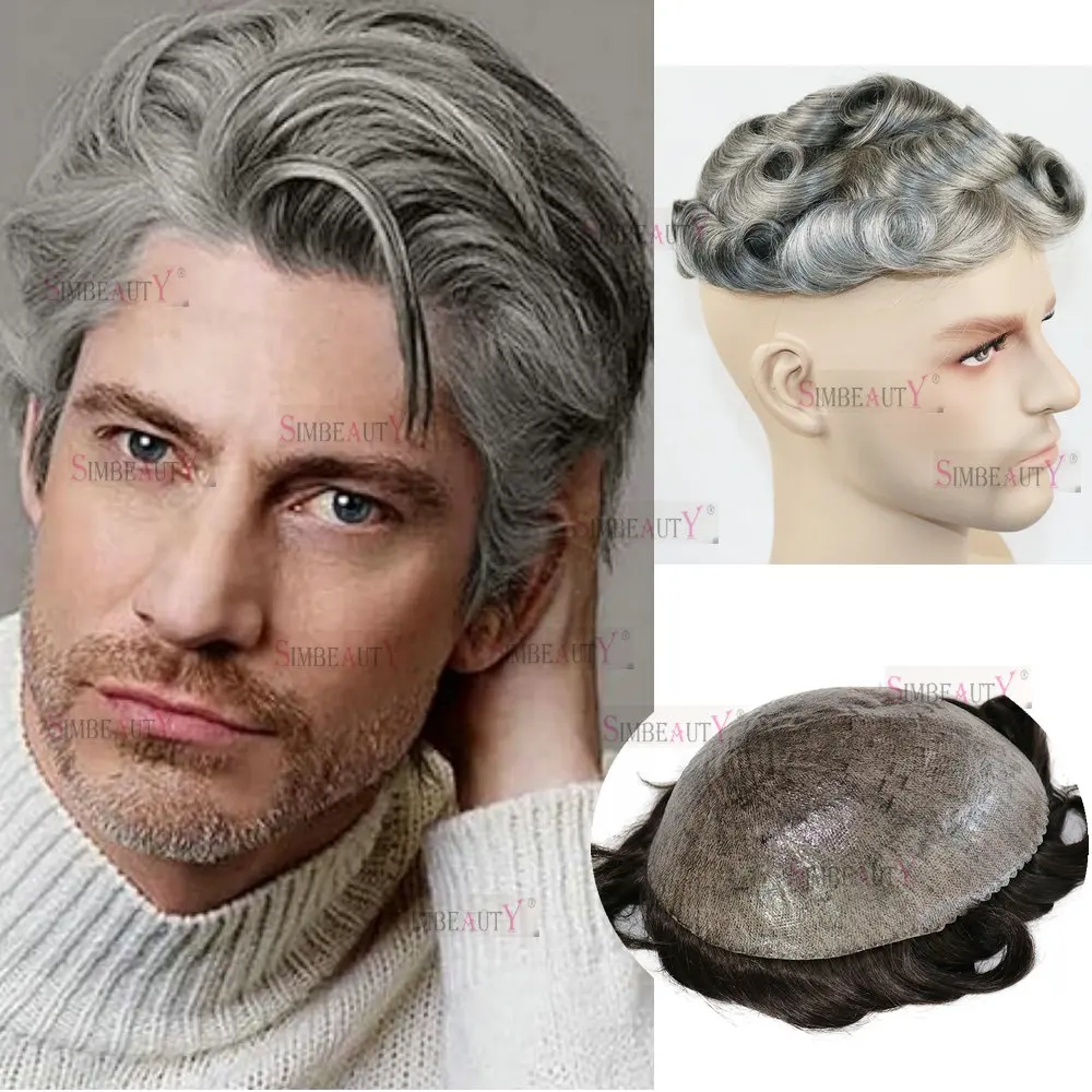 

0.1mm Injected Male Hair Hairpiece 1B65 Grey Mens Microskin Toupee Super Durable Skin Full PU Human Hair Wig Capillary Prosthesi