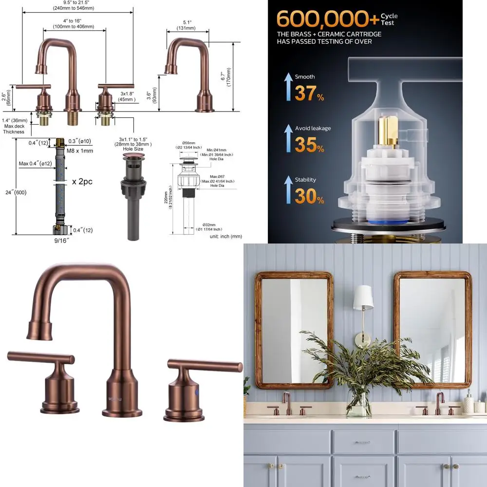

8 Rose Gold 3-Hole 2-Handle Farmhouse Sink Faucet with Pop-Up Drain and Supply Lines