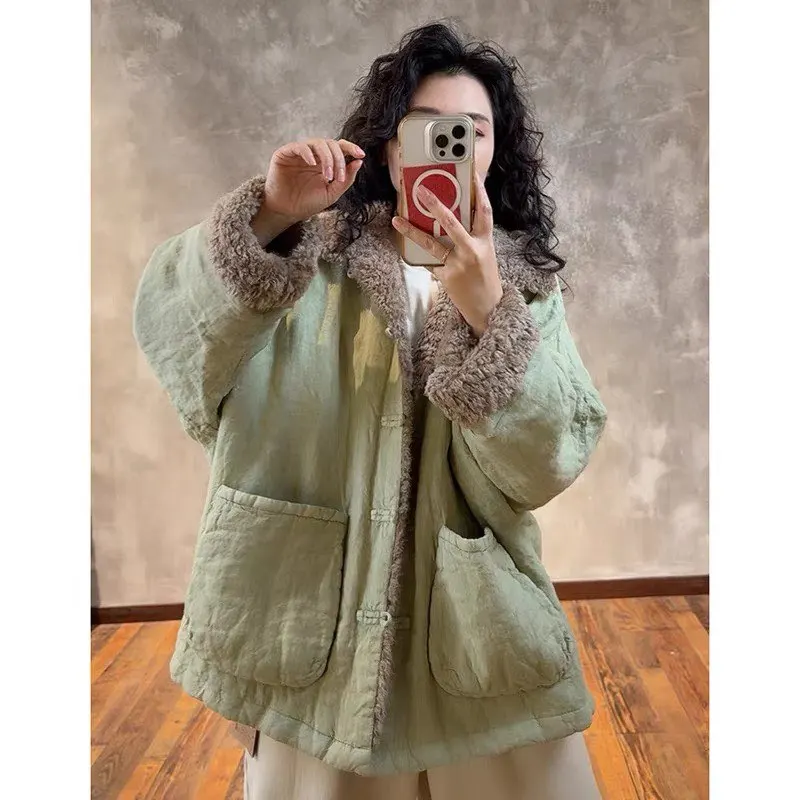 

Свободная хлопковая куртка женская больших размеров, художественный дизайн, модная, из льна, универсальная, с меховым воротником, со спущенным плечом, на пуговицах