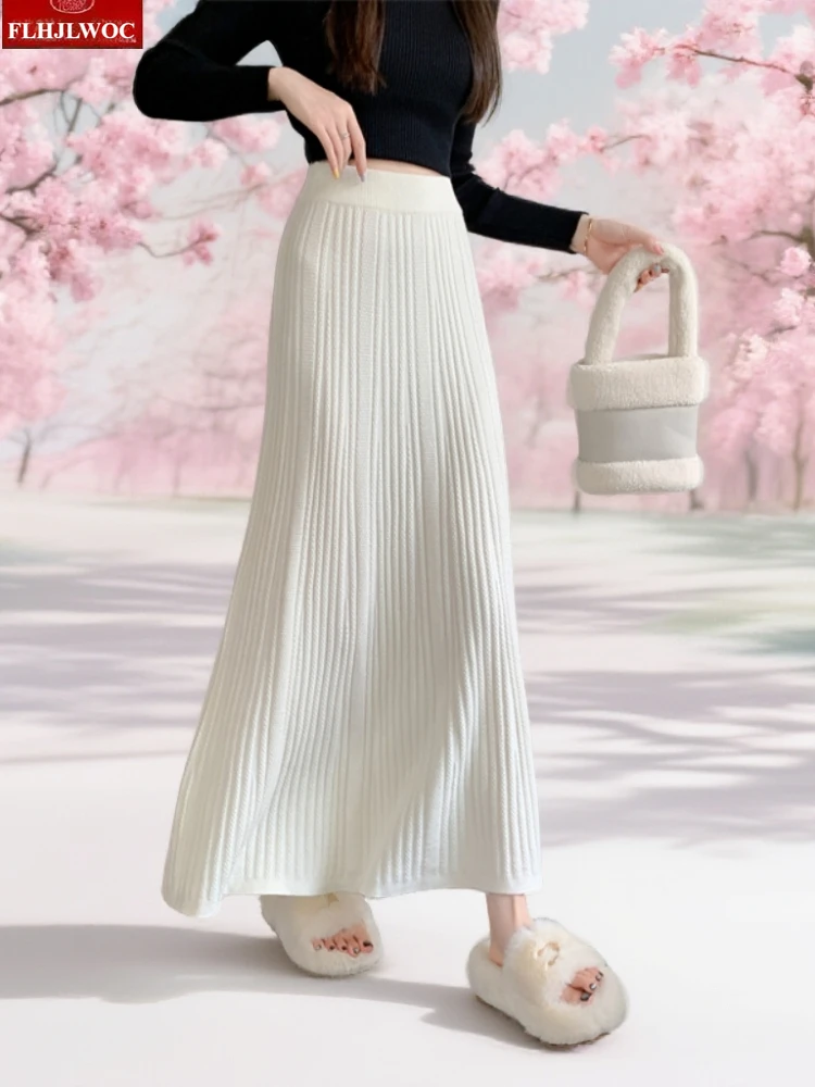 

Autumn Winter Knitted Skirts New Year Christmas Date Girls Woman Casual All-Match Solid High Elastic Waist A Line White Skirt