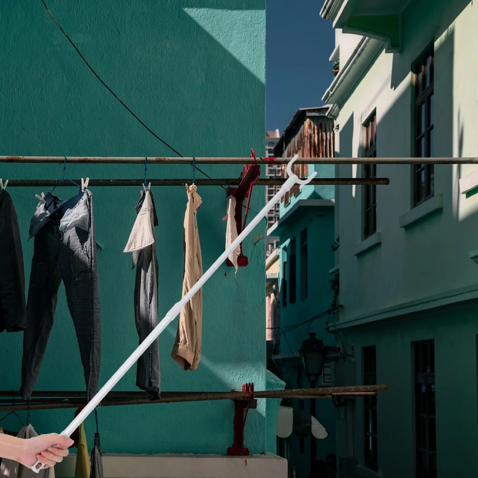 

Telescopic Clothes Reach Pole Adjustable Length Plastic Aluminum Sturdy Load Capacity Space Saving Stylish Design Closet Reacher