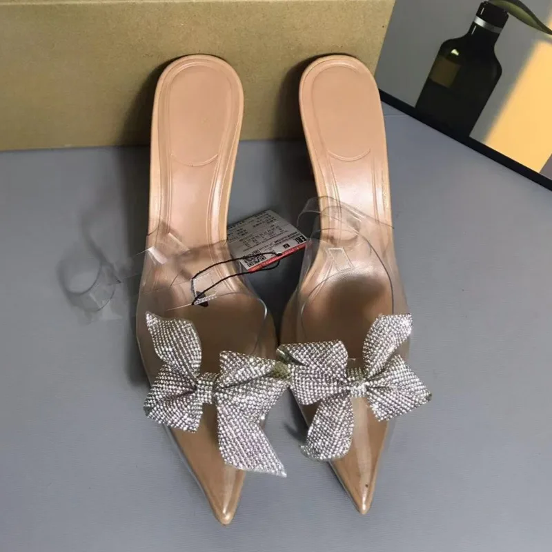 โปร่งใส PVC รองเท้าส้นสูงผู้หญิงรองเท้าแตะล่อ Glitter Silver Bow-knot Elegant Pointed Toe หรูหราหญิงงานแต่งงานรองเท้า