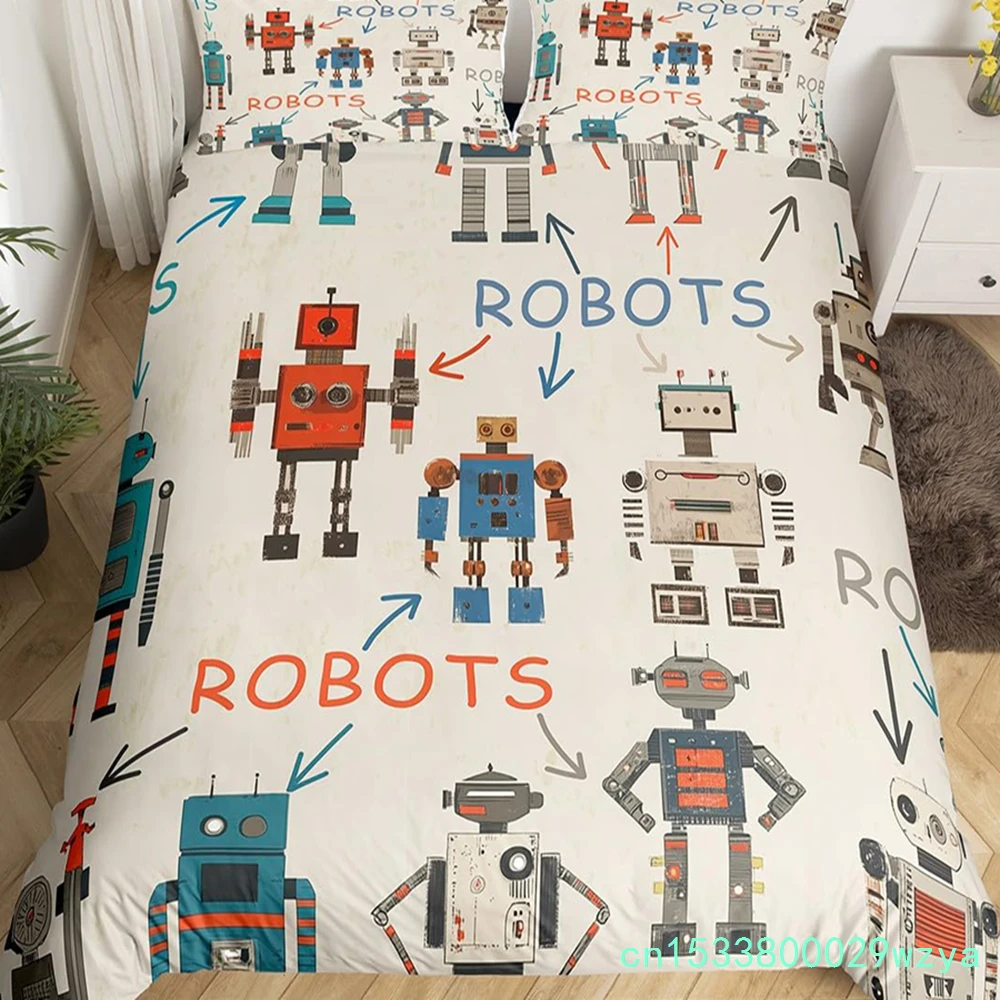 Cartoon Robot Duvet Cover Watercolor Screw Tools Bedding Set Modern Sci-Fi Robot Comforter Cover For Kids Polyester Quilt Cover