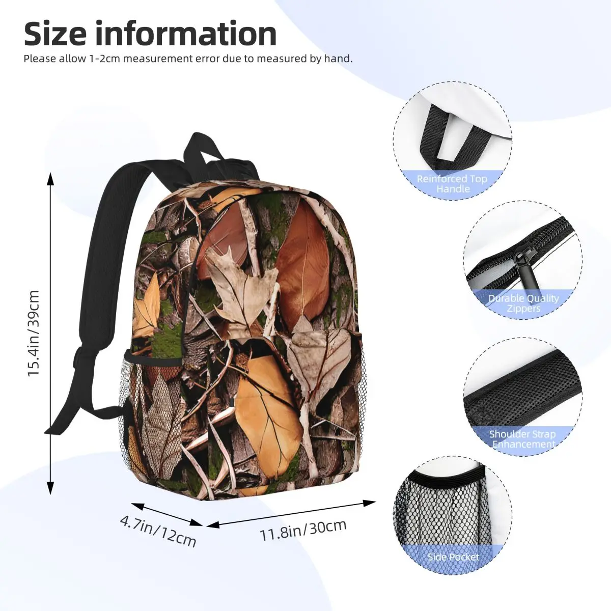 Realistic Tree Hunting Camo Leaves Sticks And Bark Camoflouge Backpack Student BookBag Men Women School Bag Laptop Shoulder Bags
