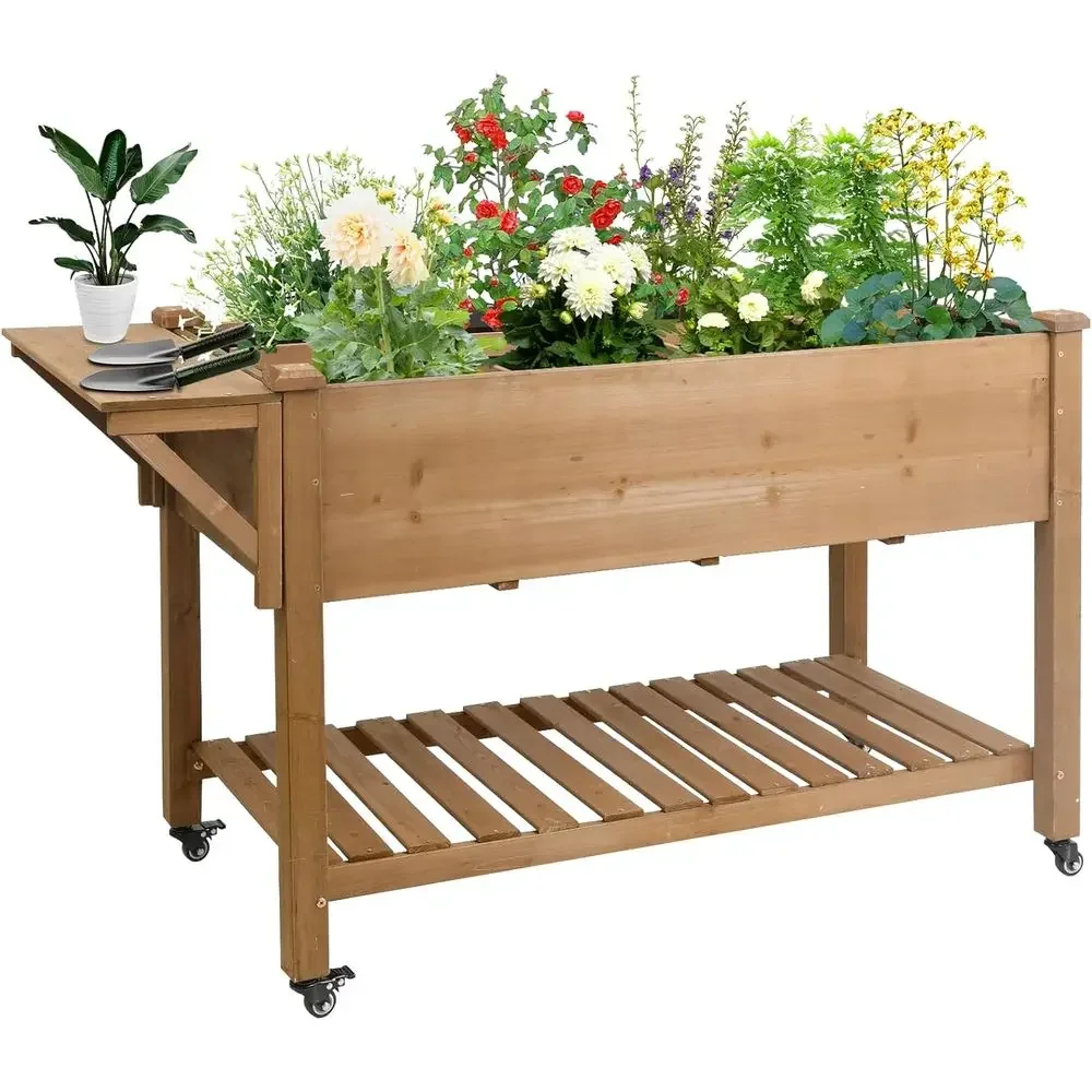 Mobile Wooden Raised Garden Bed with Storage, Easy Assembly, 55.5x24x32