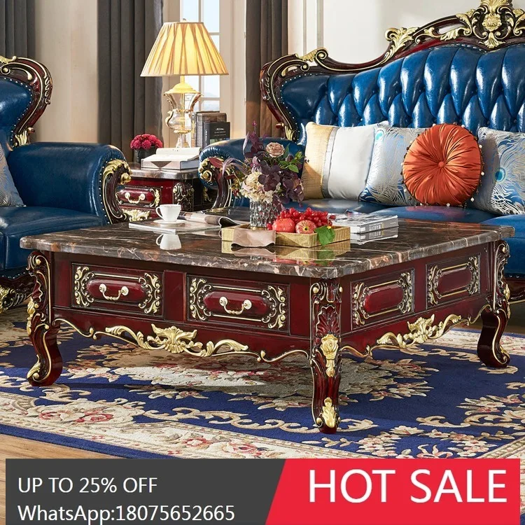

SGF European Style Marble Tea Table Neoclassical Red Sandalwood Color Square Carved Tea Table