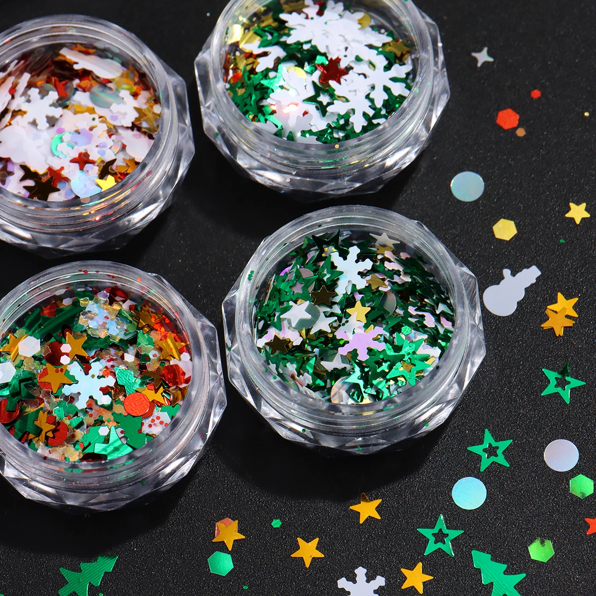 กลิตเตอร์เลื่อมตกแต่งต้นคริสต์มาส ลายเกล็ดหิมะสีขาว ดาว ฮอลลี่ ตุ๊กตาหิมะ ลายจุด สำหรับตกแต่งในเทศกาลวันหยุด
