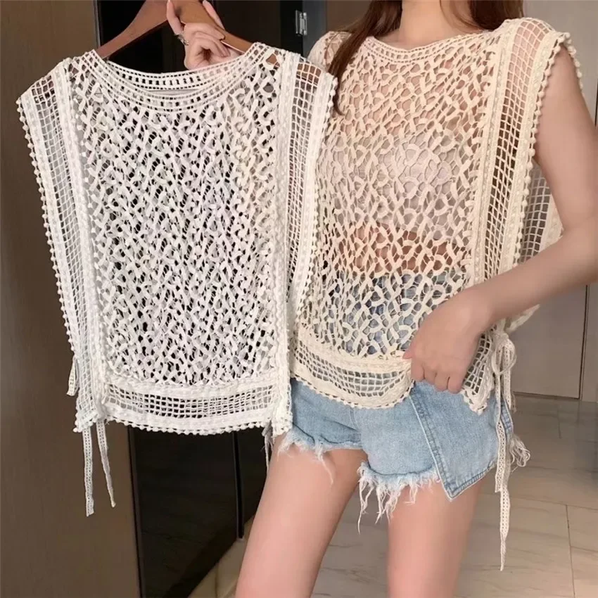 Summer Crochet Top Shirt Women\'s Knitted Vest Sleeveless T Shirt Sexy Holow Out Side Lace Up Lace T-Shirt Tee Shirt Femme