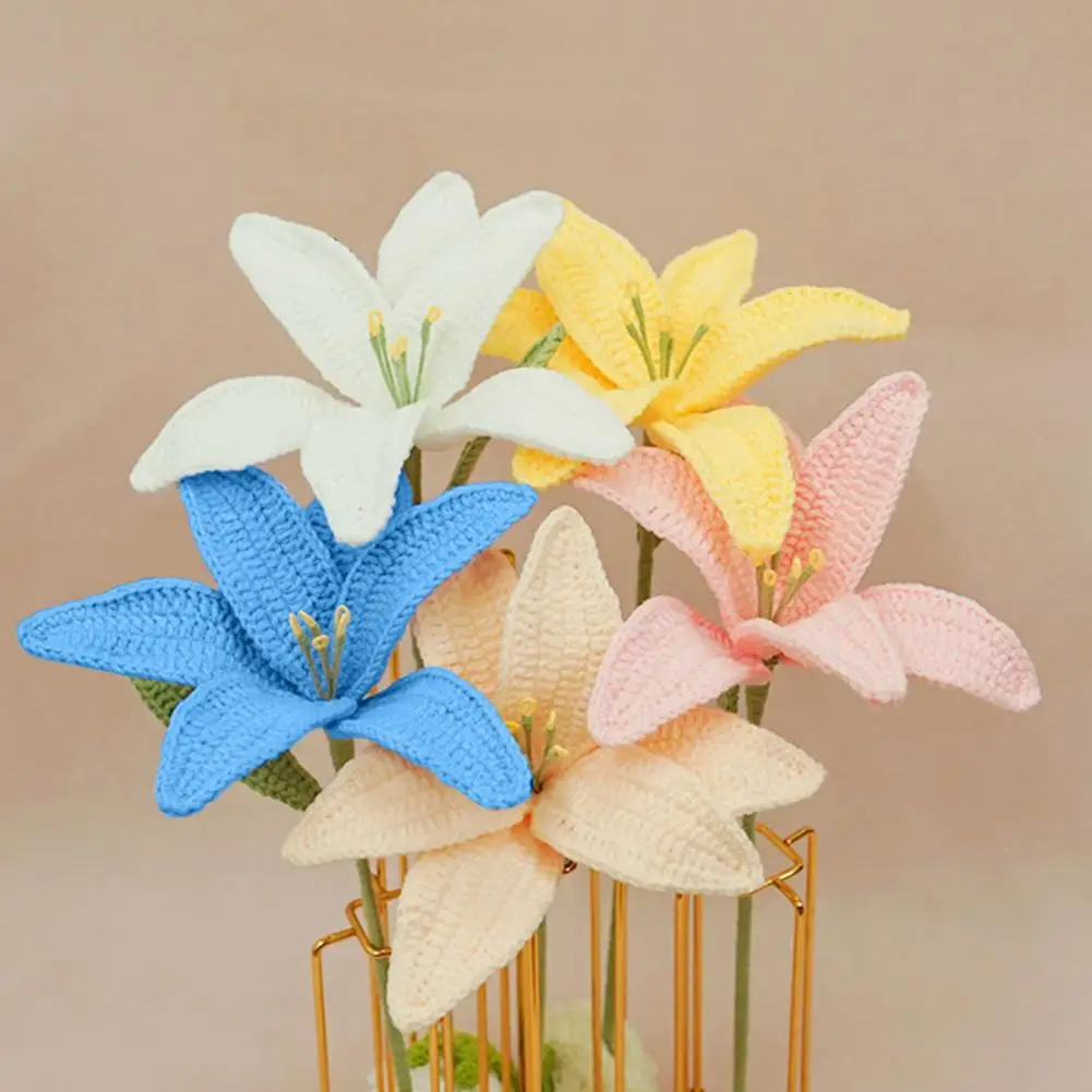 50cm Hand-knitted Crochet Lily Bouquet Vibrant Color Non-fading Realistic Hand Woven DIY Craft Flower Gifts Home Wedding Decor