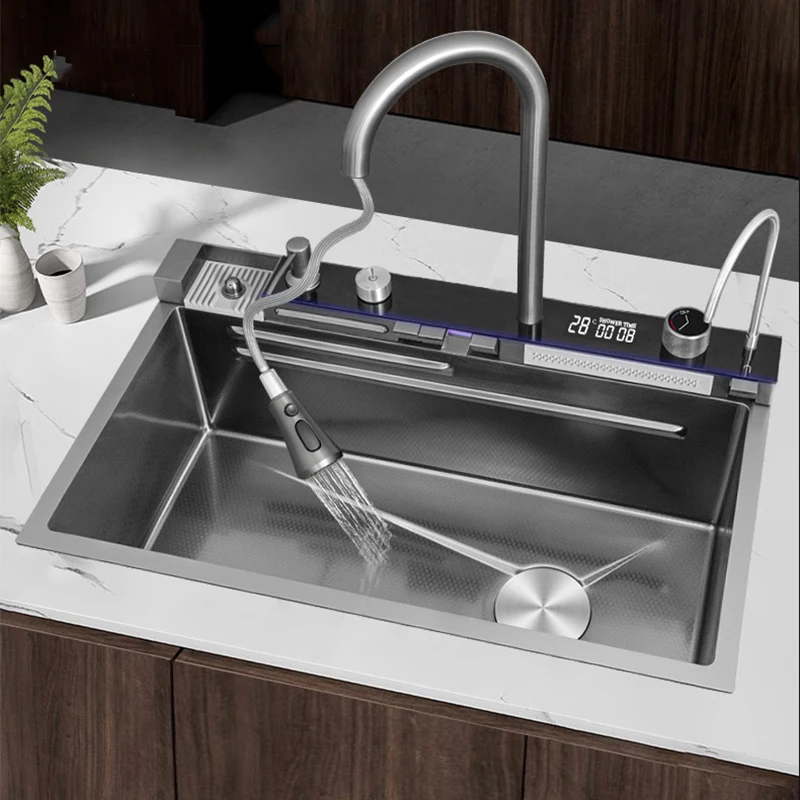 Évier de cuisine en acier inoxydable à double cascade, grand évier en relief, fente unique, lumière ambiante, affichage numérique, ark