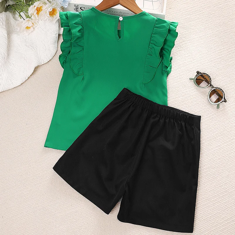 4-12Y Girls' Summer Set Round Neck Large Flutter Sleeve Solid Color Top And Metal Button Decorative Shorts Polyester Comfortable