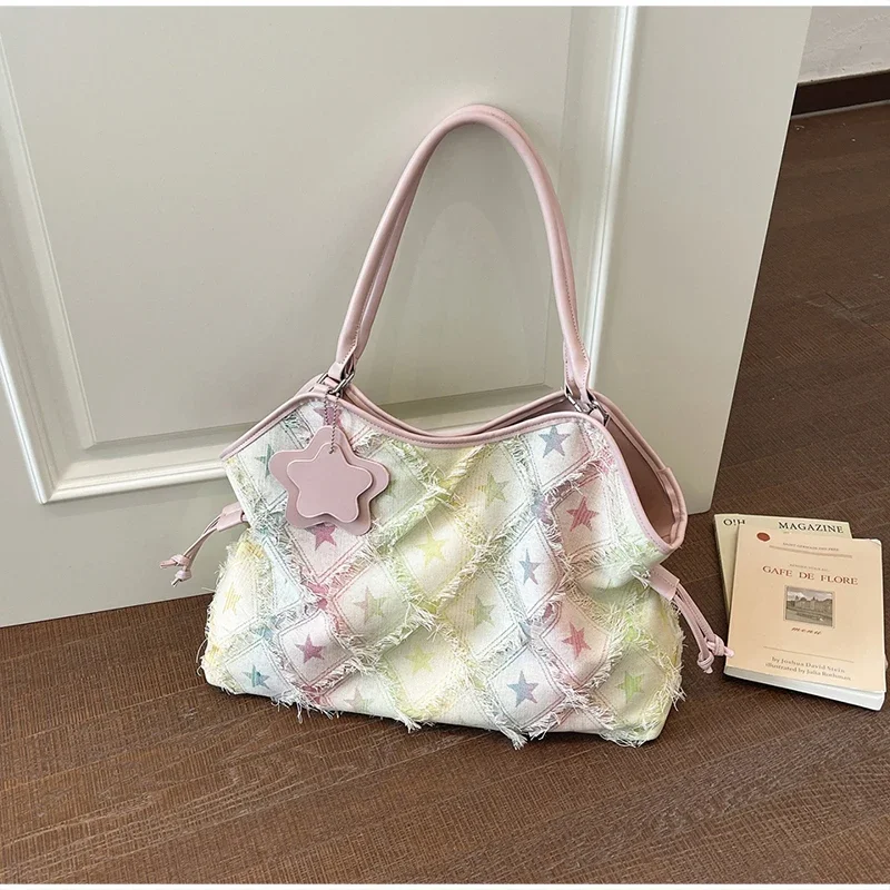 Denim Canvas Grid Umhängetasche, Damen-Umhängetasche mit großem Fassungsvermögen, lässiger, niedlicher Wald-Stil, Reisetasche, Handtasche für den täglichen Pendelverkehr, Blau – Detail 11