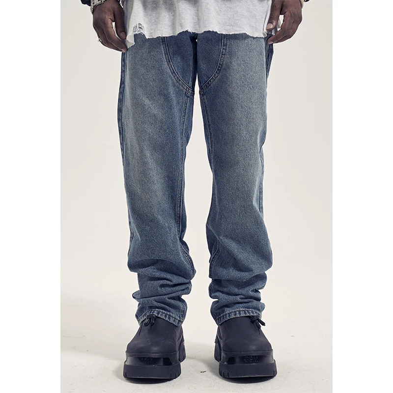 

High Street Designer Wear Retro Washed Distressed Stitching Fashion Men Casual Loose Straight Jeans Daddy Pants