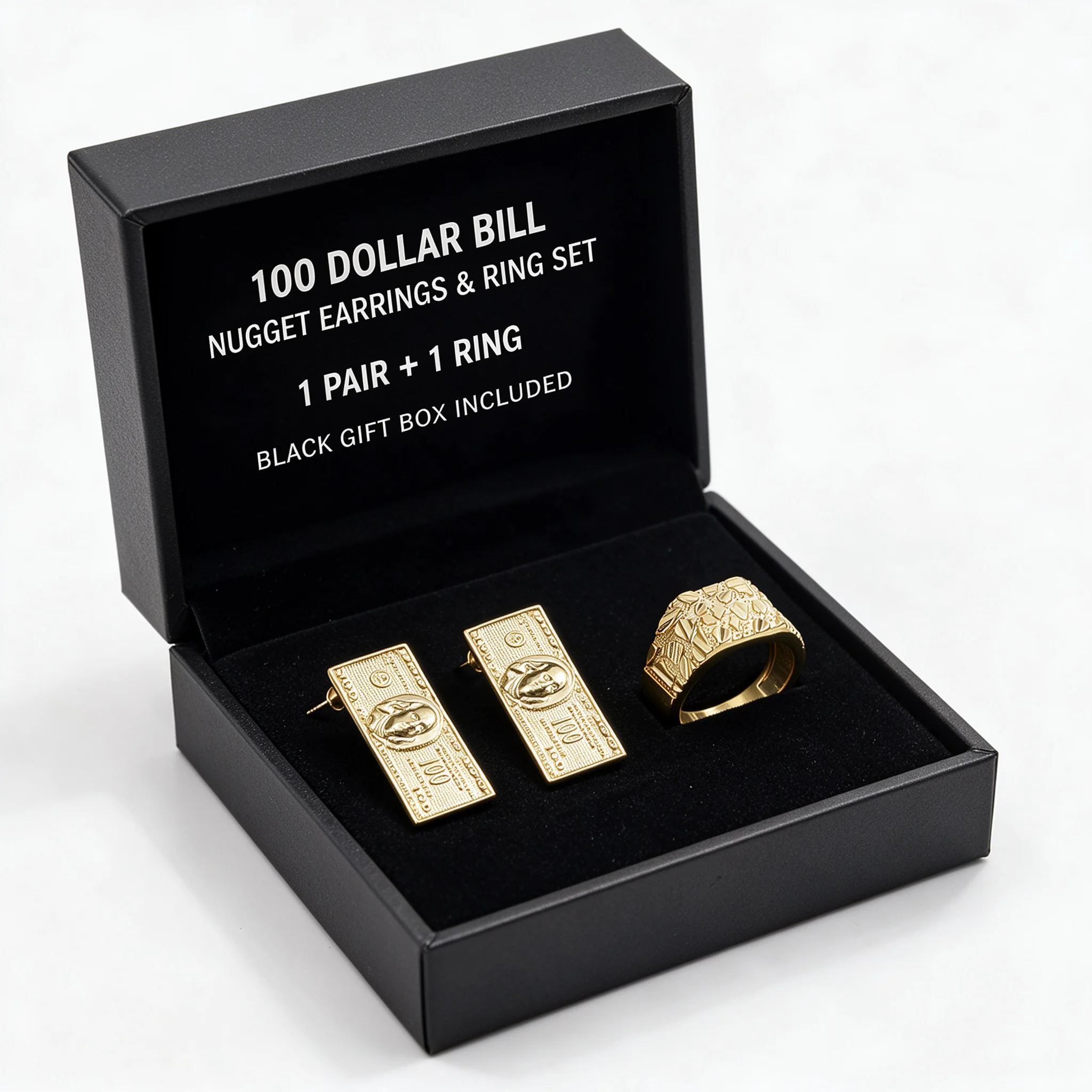 Unisex Hip Hop USD 100 Dollar Bill Money Sign Nugget Earrings And Ring Set 14K Gold Plated Textured Jewelry for Men And Women