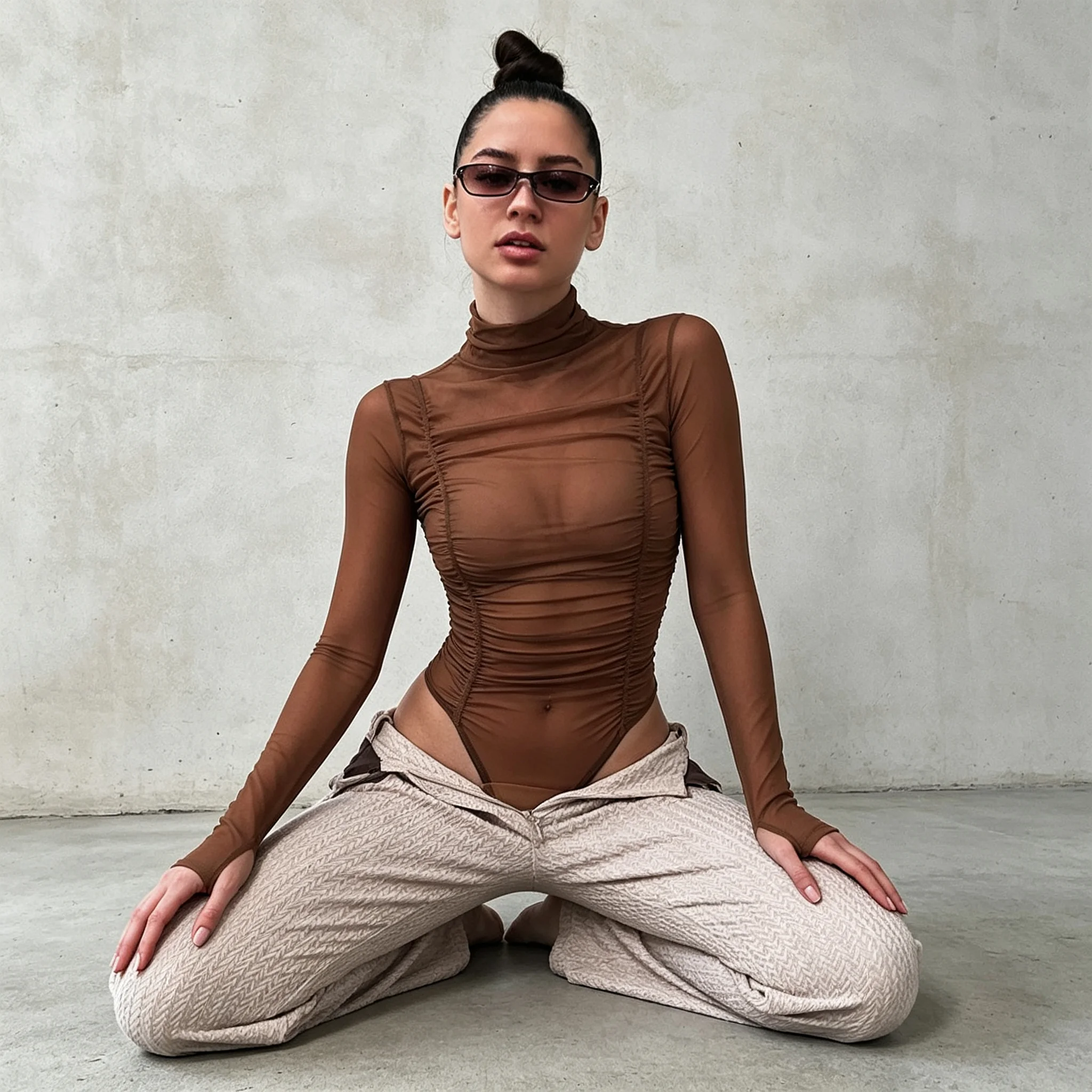 Bodysuits Gym Womens Fancy Simple Soft Buckles Tightable Long Short-Sleeved Bodycon Mock-Neck Suspenders Trendy Comfortable Sexy
