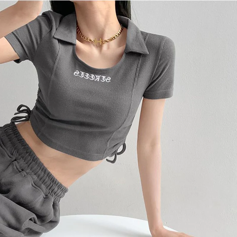 2023 Summer Turn Down Collar Short Sleeve Shirt Women Sexy Skinny Slim Fit Cropped Tops Woman Basic Knitted Gray White T-Shirts