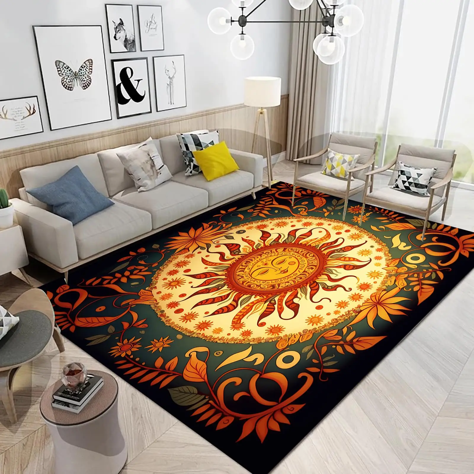 Sun and Moon Carpet Colorful Mystic Starry Sky Area Rug for Bedside, Psychedelic Celestial Astrology Bohemian Style Floor Mat