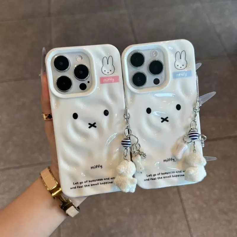 

New Kawaii Miffy Rabbit Emoji Hanging Rope Meteorite Pattern Phone Case for iPhone16 1514 13 12 11 Pro Max Fall Prevention