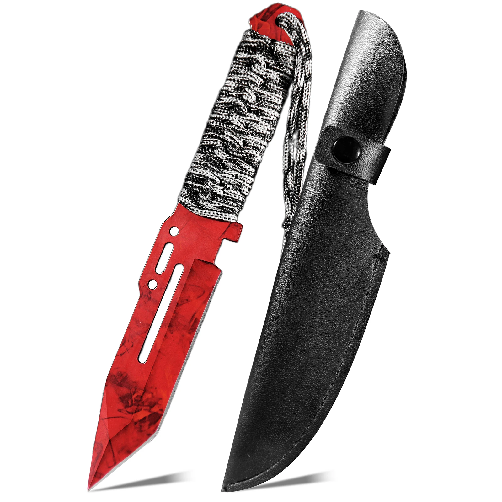 A Fixed-Blade Stainless Steel Knife with A Leather Sheath Featuring A Cord Texture Design. Boasting A Cool Appearance, It Is Ideal for Outdoor Camping and Barbecues, Making It A Perfect Gift for Friends.