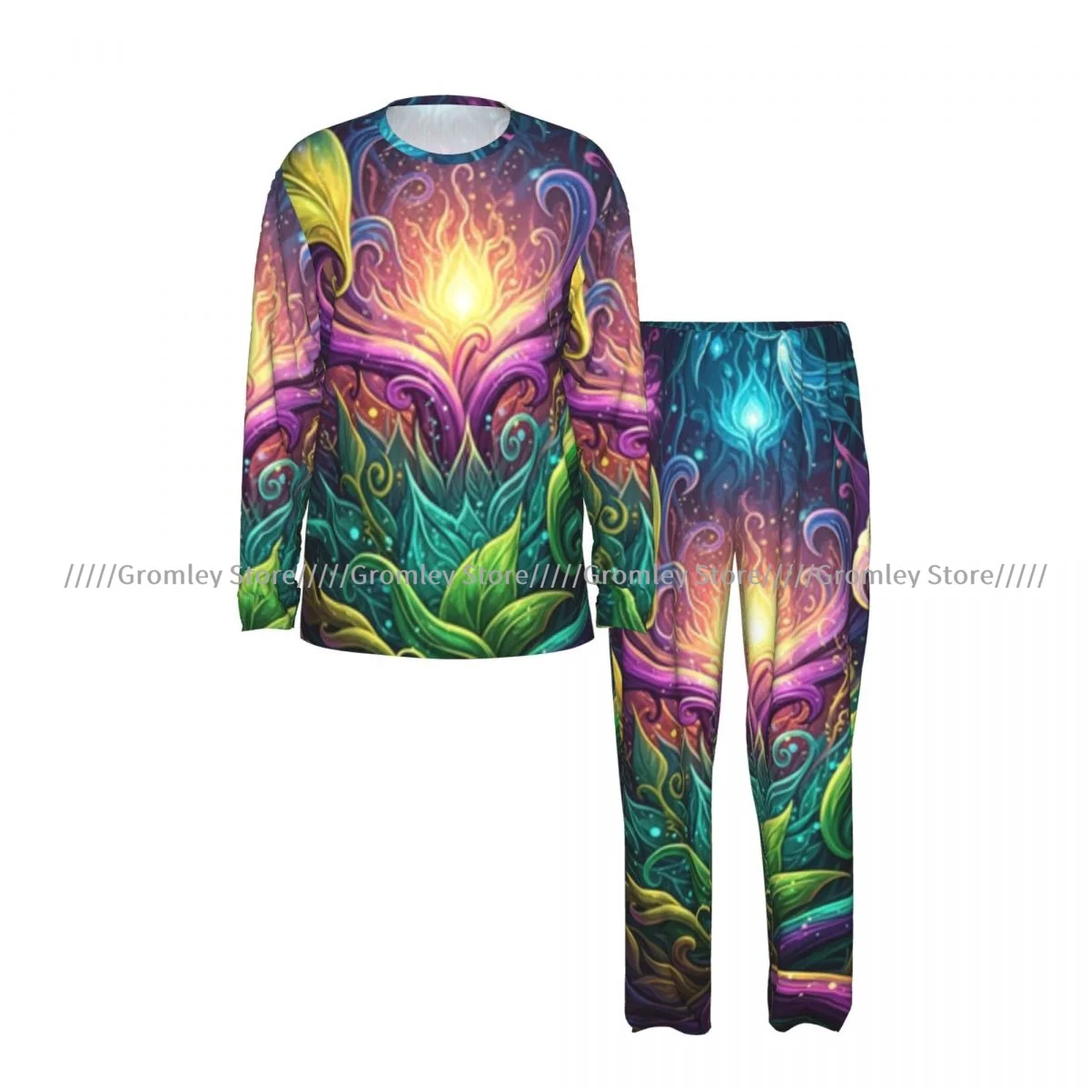 Men's Pajama Set Long Sleeve and Long Pants Colorful Fantasy Flowers Dragon Soft Sleepwear for Home