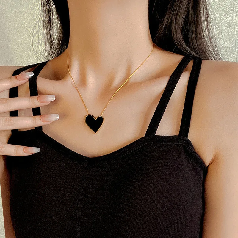 OIMG 316L Stainless Steel Gold Color Korean Sweet Balck Irregular Heart Big Pendant Necklace For Women Girls Temperament Gifts