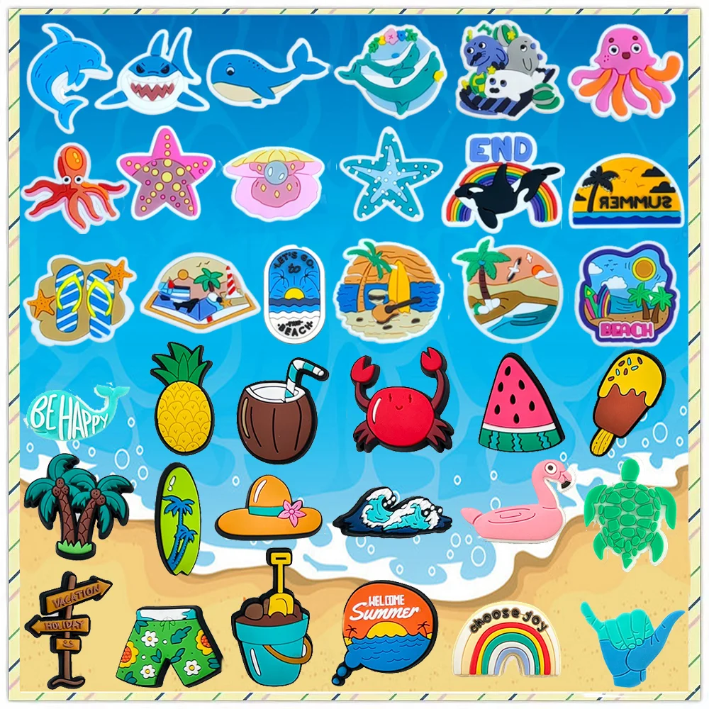 

Hot 1pcs Cute summer beach series Shoes Charms DIY Accessories Decorative Clogs Sandals Garden Shoes Children Gift