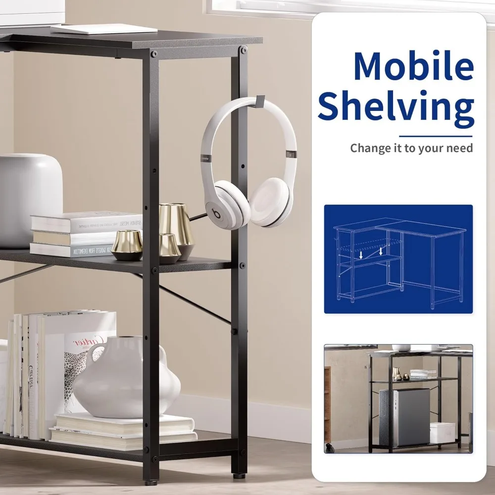 L-Shaped 43 Inch Computer Desk with Reversible Side Storage for Small Spaces, Home Office Writing Desk with Corner Space Efficie