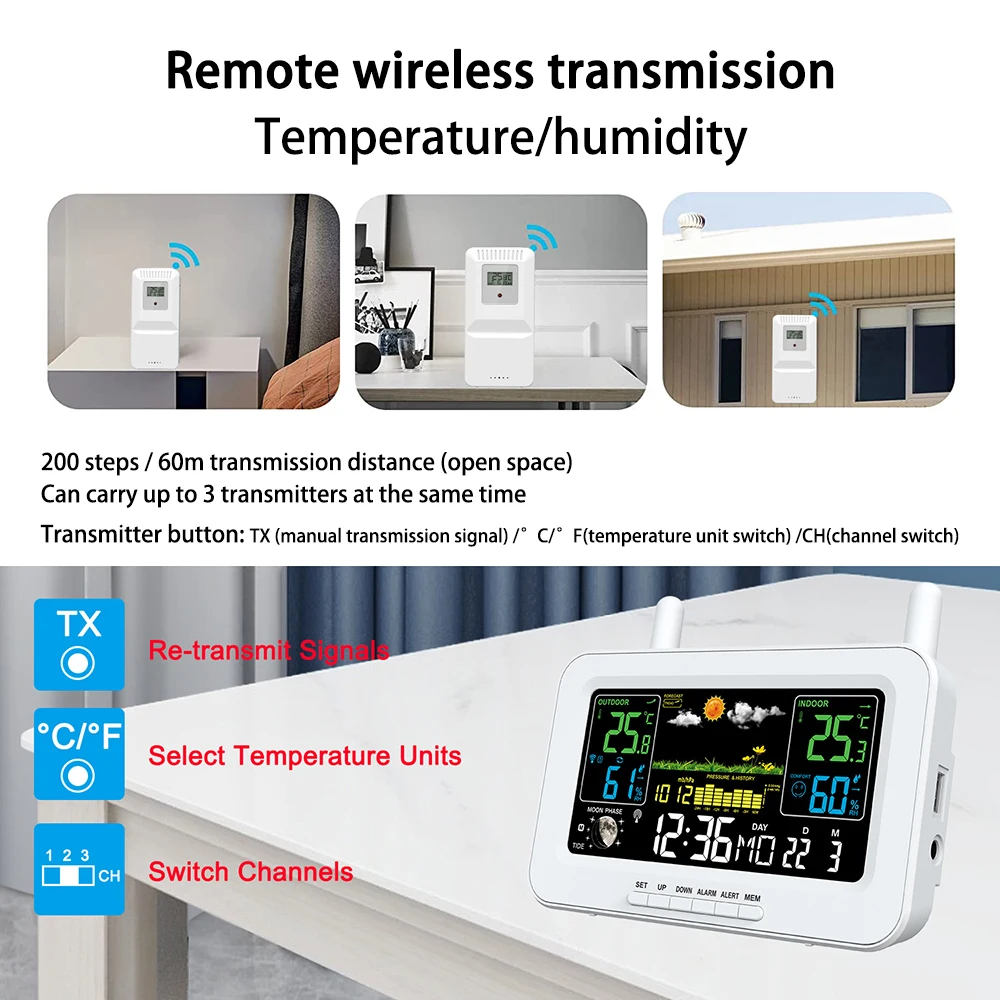 Indoor and Outdoor Wireless Temperature and Humidity Meter Calendar Color Screen Weather Forecast USB Hole Output Charging