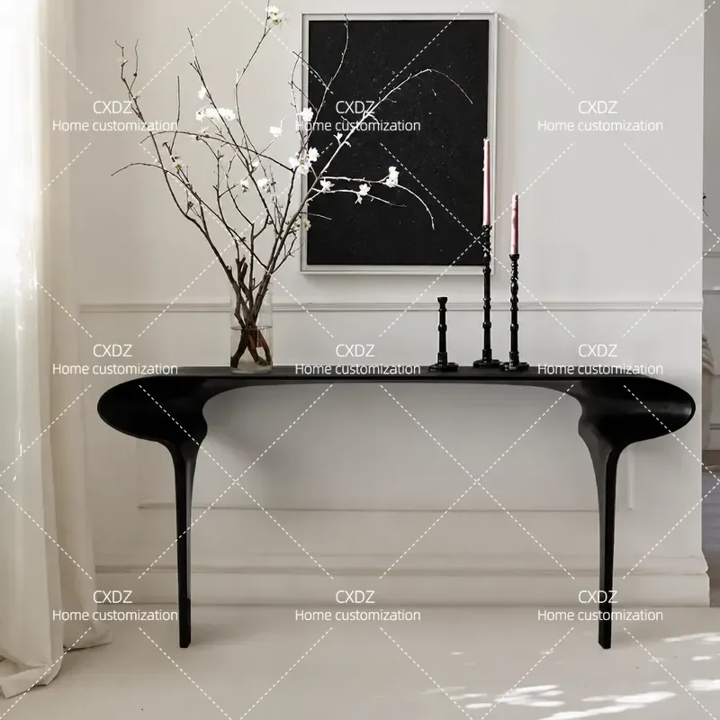 Wabi Sabi Solid Wood Entrance Table Narrow Black Console Table for Foyer Hallway Entryway Platform End View Display Stand