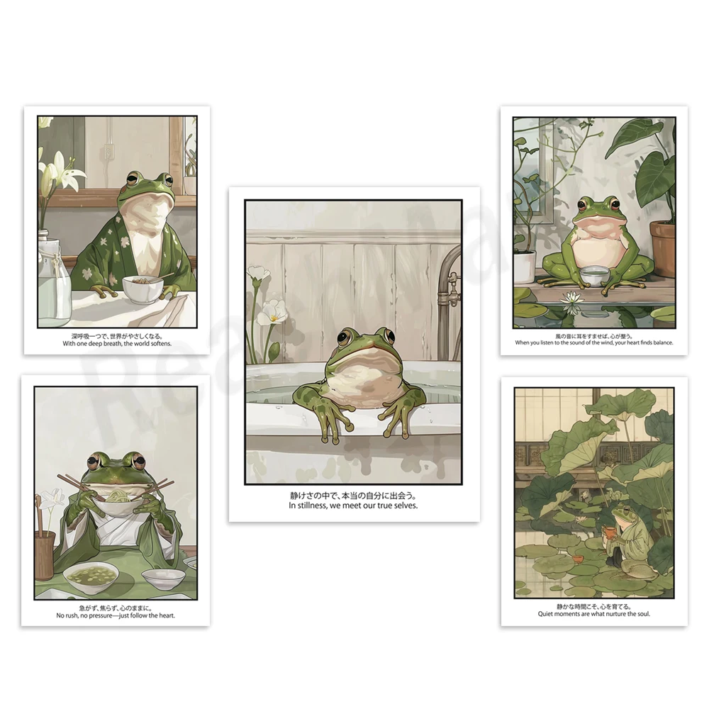 Zen frog art, frog in kimono eating noodles, frog tea garden, frog bathtub illustration, whimsical Japanese kitchen wall poster