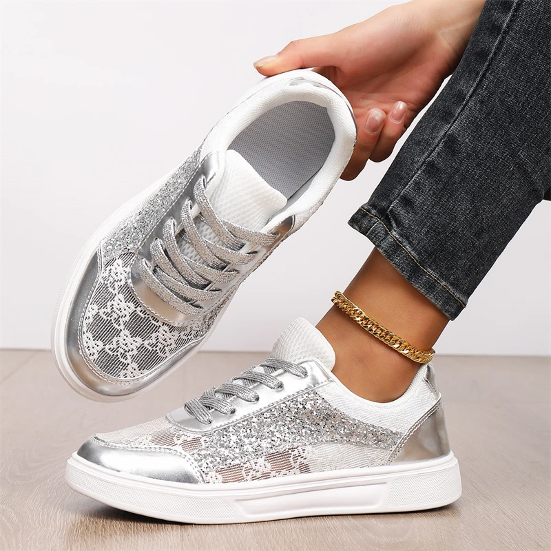 

Fashion Silver Lace Sneakers Women Luxury Paillette Designer Shoes For Woman Summer Breathable Hollow out Women's Sports Shoes