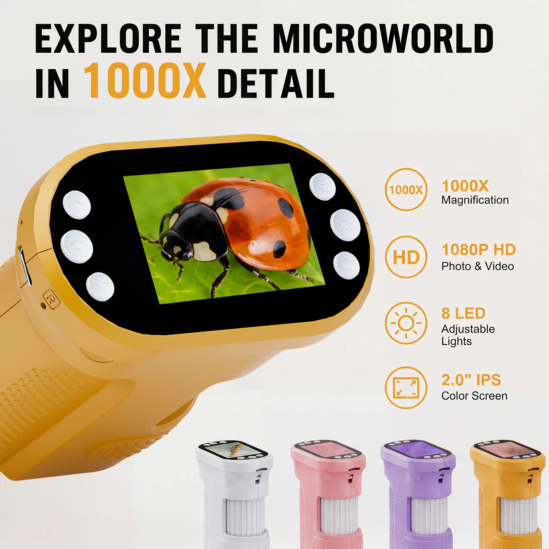 Handheld Digital Microscope 1000X Pocket Microscope 2.0 HD IPS Screen 8 LED Rechargeable Type-C for Kids Students Insect Nature