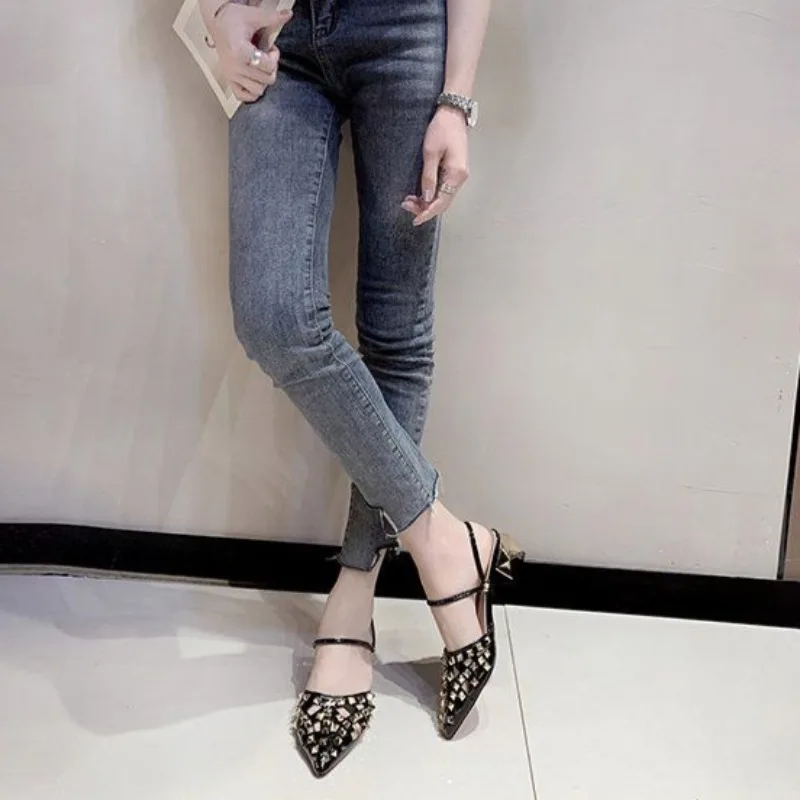 

Mule Women Shoes Slippers New Arrival Fashion Sandals Mid Heel Closed Toe Rivet Hollow Out Stylish Versatile Two Way Wear Summer