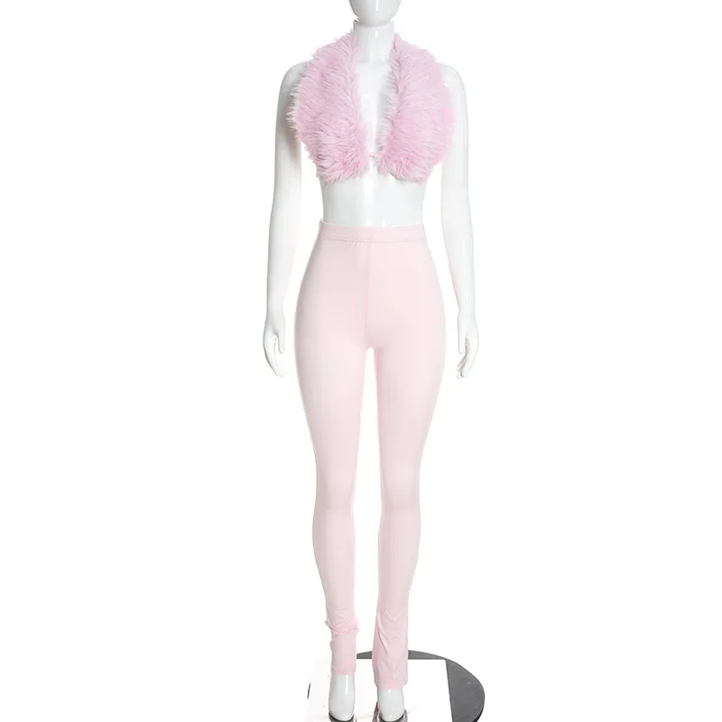 JENYAGE Damen Einfarbiges Weiches Flauschiges 2-Teiliges Outfit, Ärmelloses Crop-Top aus Kunstpelz, Hochgeschnittene Skinny-Leggings, Club-Party-Trainingsanzug – Detail 6