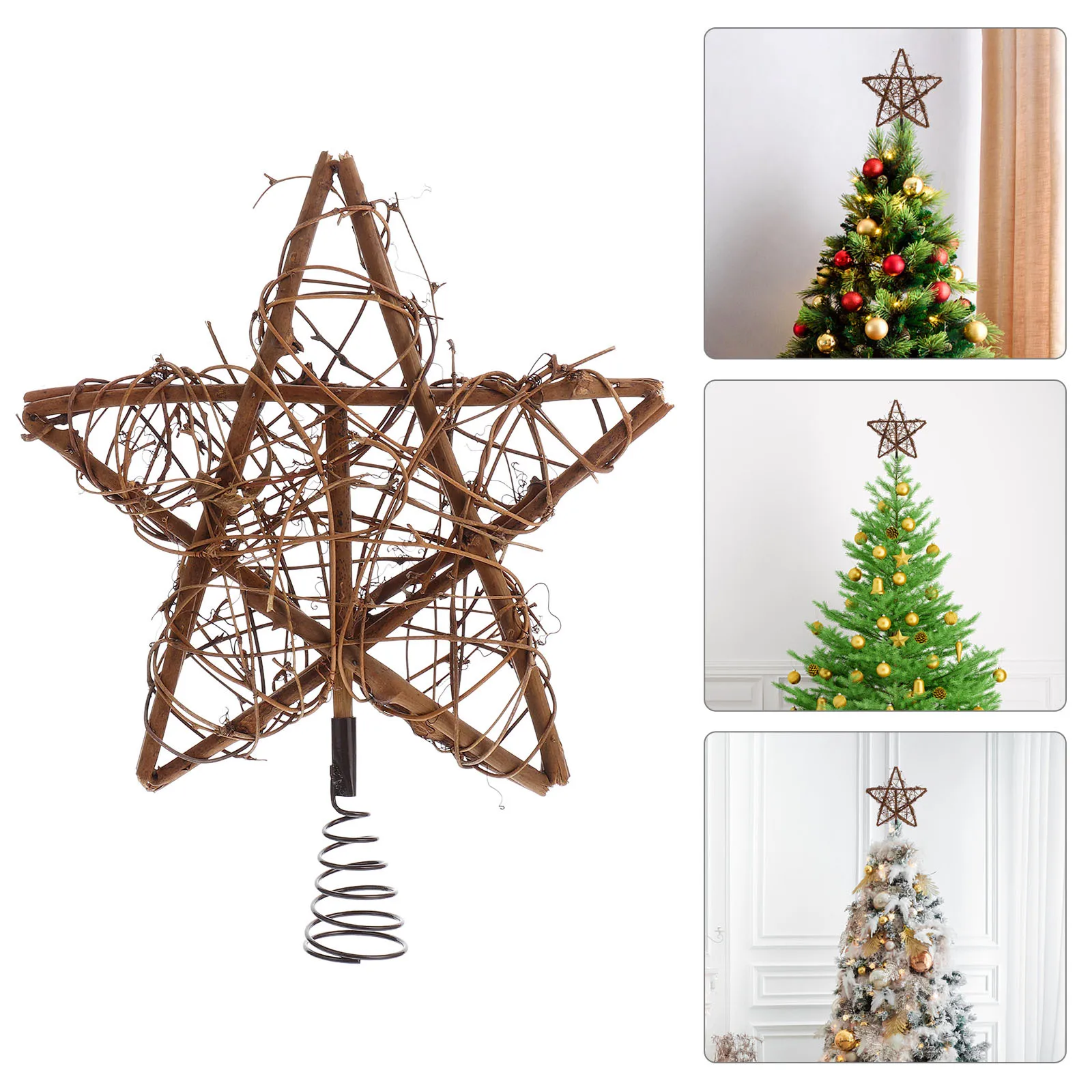 

Xmas Tree Topper Star Decor Rattan Holiday Adornment with Spring Support Festive Christmas Party Outdoor Decoration Ornament