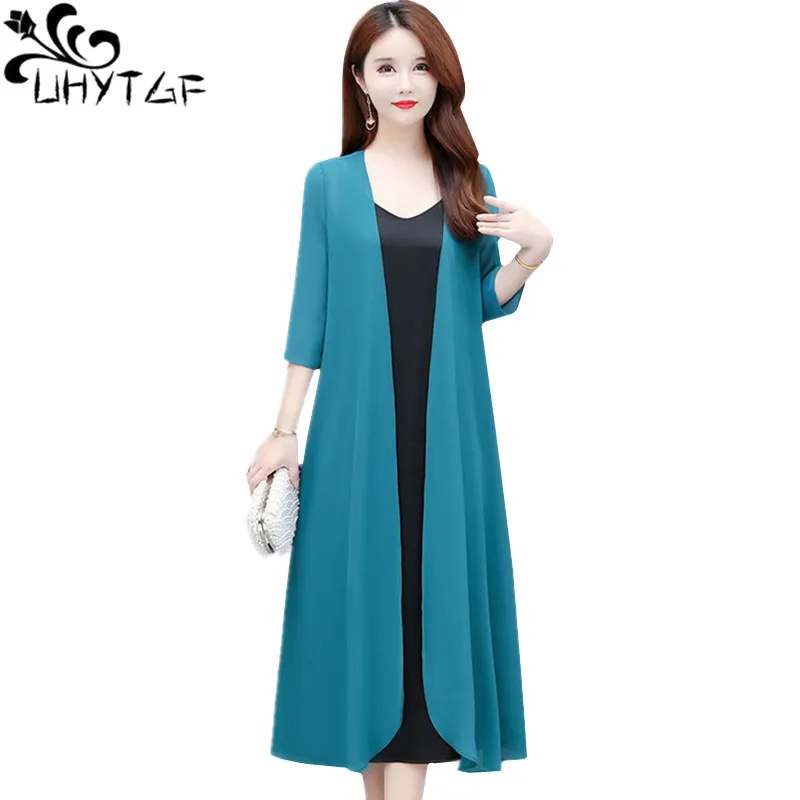 UHYTGF Jacket Womens Ice Silk Summer Sun Protection Tops Female Cardigan Thin Chiffon Jacket Women Shawl Long 6XL Size Coat 2069