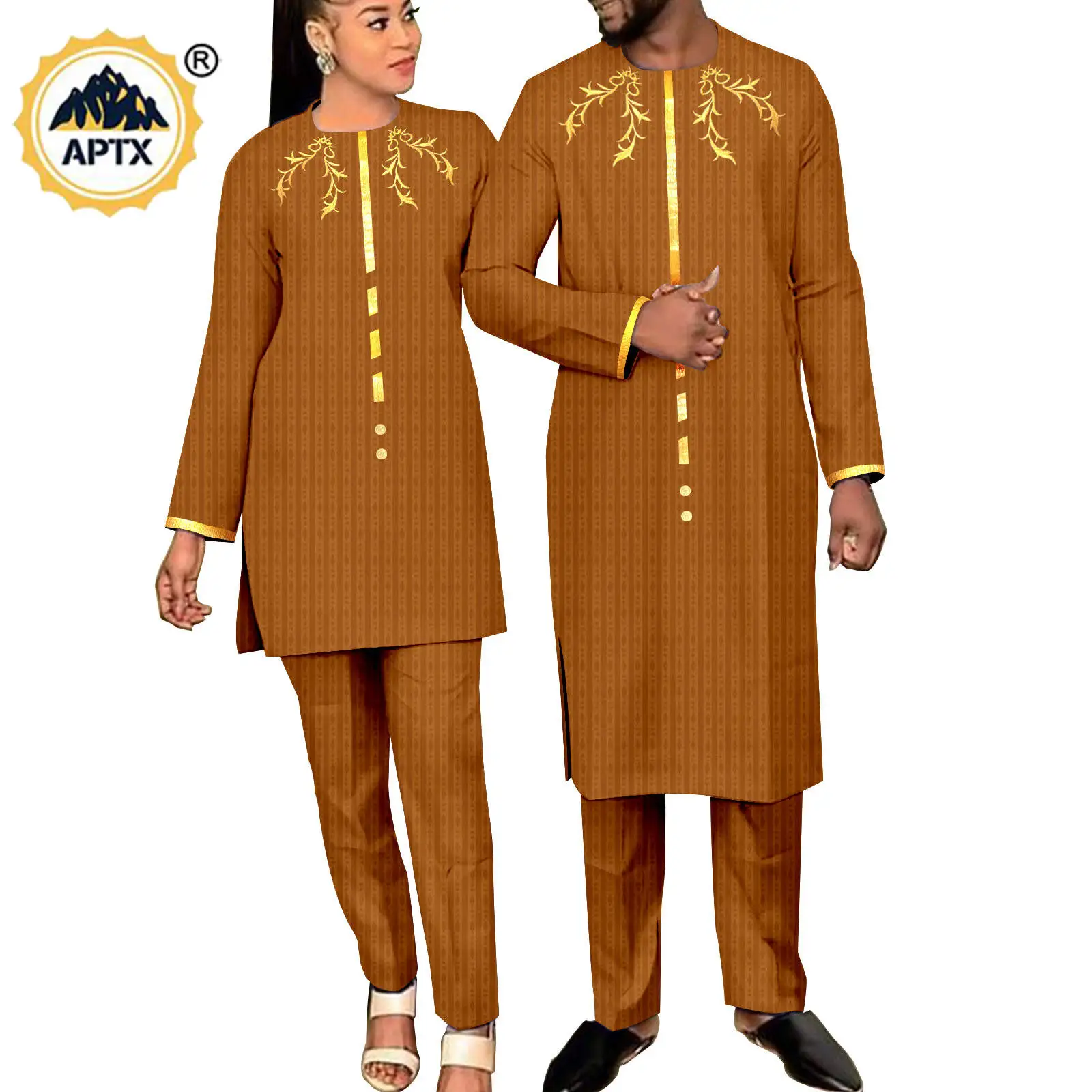 African Matching Outfit for Couples Men Clothes Kaftan Bazin Riche Women Long Top and Pant Sets Agbada Wedding Wear Y23C037