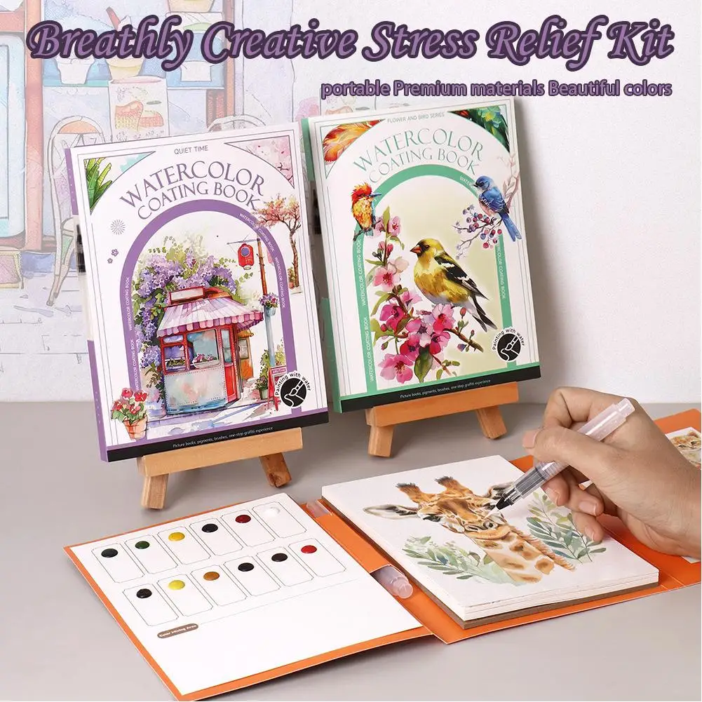 Art Travel Watercolor Painting Set with Tri-Fold Book, Built-in 12 Colors & Stress Relief Note Paper for DIY Art Therapy