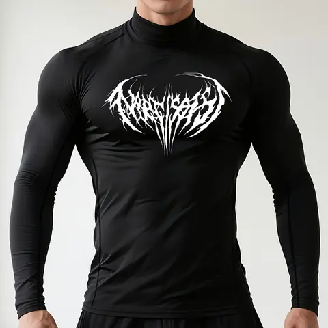 Herrtröja med polotröja, kompression, fitness och träning, långärmad, gotiska bokstäver och linjetryck, åtsittande kläder för löpning 8 best sales kompressionströja med polotröja - №3