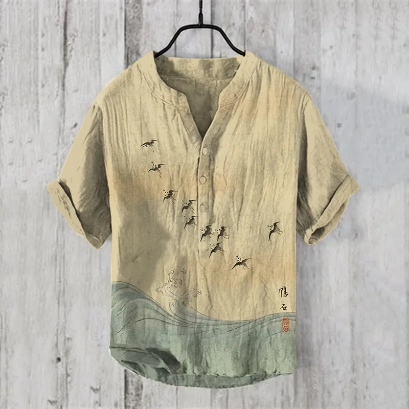 New printed V-neck short-sleeved shirt foreign trade fashion casual loose T-shirt shirt bamboo linen shirt top S-5XL