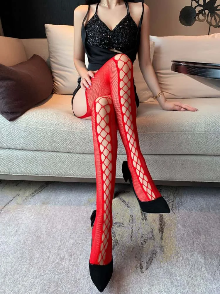 NEW Red Fishnet Stockings Garter Belt Christmas Sexy Suspender Pantyhose Lingerie Thigh High Sexy Tights for Women Plus Size 3XL