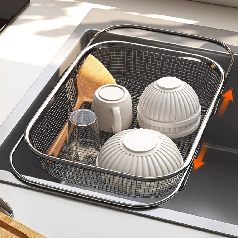 

Stainless Steel Kitchen Sink Drainer Basket Expandable Dish Drying Rack Dishwasher Drain Board for Vegetable Desktop Organizer
