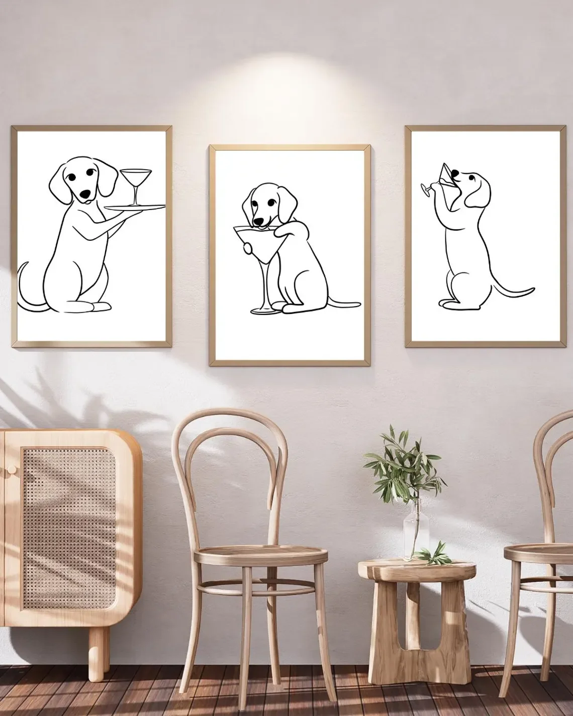 Playful Dachshund Cocktail Line Art Set - Humorous Print Collection Celebrating Canine Fun. The Clean White Backdrop and Bold Bl